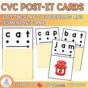 Könnte beinhalten: Lehrreiche CVC Post-It-Karten für Misch- und Segmentierungsspiele. Die Karten zeigen Wörter wie "cat", "cap", "bat" und "jam" mit einem Aufklapp-Design. Das Bild enthält eine Erdbeermarmeladen-Illustration und den Text "EDITABLE ON P AND Canva | 96 CARDS".