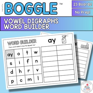 Könnte beinhalten: Ein weißes Arbeitsblatt mit dem Text "WORD BUILDER" und einem Raster aus Buchstaben zur Wortbildung. Das Arbeitsblatt ist für Vokal-Digraphen konzipiert und enthält das Wort "ay". Das Bild enthält auch das Wort "BOGGLE" oben.