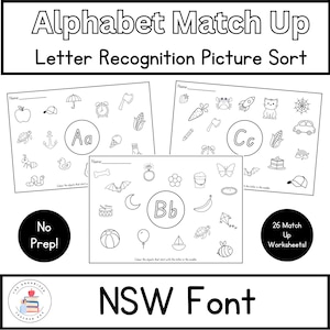 Fuentes de NSW / Emparejamiento del alfabeto / Reconocimiento de letras para el aprendizaje temprano / Hojas de trabajo de identificación de letras e imágenes