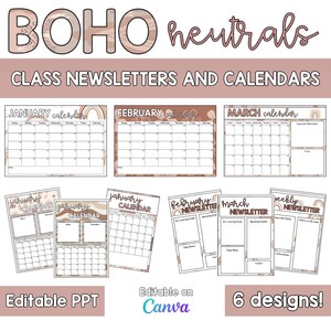 Puede incluir: Una colección de boletines y calendarios escolares con temática Boho en tonos neutros. La imagen muestra varios diseños de calendario para enero, febrero y marzo, junto con diseños de boletines semanales. El texto incluye "Editable PPT", "Editable on Canva" y "6 designs!"