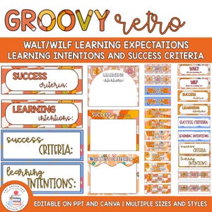 May include: A colourful educational resource with a retro design, featuring the words "GROOVY retro". It includes templates for learning intentions and success criteria, with text such as "SUCCESS criteria" and "LEARNING intentions". The resource is editable on PPT and Canva.