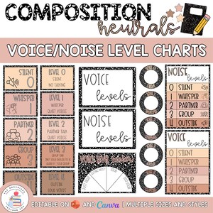May include: A set of classroom voice and noise level charts featuring a black and white composition notebook pattern with neutral-toned backgrounds. The charts include text labels, icons, and a voice level meter, all designed for educational use.