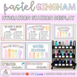 May include: A pastel gingham hydration station display with text and illustrations. The display includes signs with text like "Hydration Station" and "Water Bottles", and a black cart with water bottles. The text "EDITABLE ON Canva" is also visible.