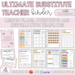 Op de afbeelding: Een digitale ordner-sjabloonset getiteld Ultimate Substitute Teacher Binder met zachte gingham-accenten. Bevat sjablonen voor vervangingsplannen, leerlingfoto's, zitplannen, aanwezigheidslijsten, onderscheidingen, welkomstnotities, contacten en weekroutines.