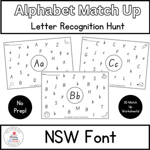 Fuente NSW / Emparejamiento del alfabeto / Reconocimiento de letras / Identificación de letras Búsqueda de sonidos iniciales / Jardín de infantes y aprendizaje temprano