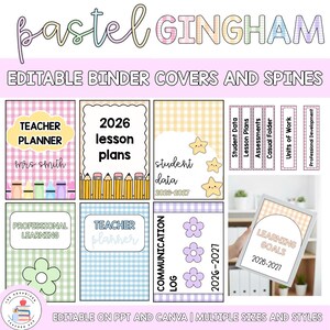 Könnte beinhalten: Ein Set aus bearbeitbaren Ordner-Deckblättern und Rücken mit pastellfarbenen Vichy-Karomustern. Die Designs enthalten Texte wie Teacher Planner, 2026 Lesson Plans, Student Data, Professional Learning, Communication Log und Learning Goals sowie Symbole von Buntstiften, Sternen und Blumen.