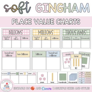 Op de afbeelding: Educatieve plaatswaarde-grafieken met zachte gingham-patronen in pastelkleuren. De tekst luidt soft GINGHAM PLACE VALUE CHARTS. Bevat secties voor miljarden, miljoenen, duizendtallen, eenheden, tientallen en honderdtallen met basis-tien blokken.