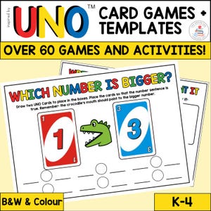 May include: An educational game template based on the UNO card game. The image shows a worksheet with the text "WHICH NUMBER IS BIGGER?" and examples using UNO cards. The text "OVER 60 GAMES AND ACTIVITIES!" is also visible.