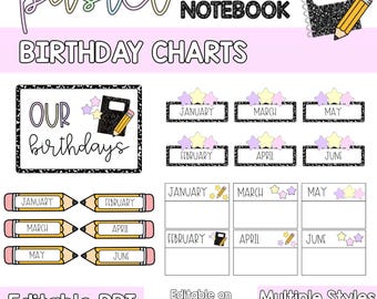 Pastel Composition Notebook Editable Bulletin Board Class Birthday Display | Classroom Decor