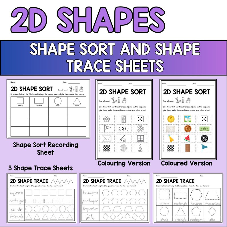 2D Shapes Activity Pack! Trace, Sort, Colour/color and Hunt! No Prep ...