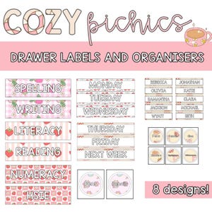 Editable Drawer, Tray & Desk Labels | Cozy Pink Picnics Themed Pack | Printable Classroom Decor | Visual Displays