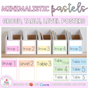 May include: Five white magazine file holders containing papers, each labeled with a pastel-colored rectangle and text reading Group 1 through Group 5. Below are additional printable posters and labels with text for Group, Level, and Table numbers.
