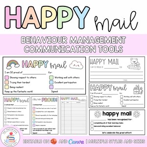 May include: A collection of printable "Happy Mail" templates for classroom behavior management. The designs include fill-in forms with rainbow, cloud, and flower graphics, and the text "Happy Mail" in pastel colors.