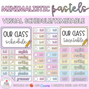 Puede incluir: Un horario visual en colores pastel con el texto MINIMALISTIC pastels VISUAL SCHEDULE/TIMETABLE, OUR CLASS schedule y OUR CLASS timetable. Incluye iconos de relojes, etiquetas de asignaturas e ilustraciones de lápices.