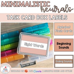 May include: A set of clear plastic storage cases for task cards, featuring labels with the text "Sight Words," "Alphabet Flash Cards," "Beginning Sounds," and "Ending Sounds." The labels have a neutral color palette with soft pink and brown tones.