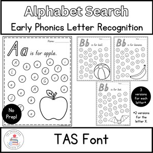 Fuente TAS / Búsqueda, búsqueda y color de letras del alfabeto / Reconocimiento de mayúsculas y minúsculas / Fonética para jardín de infantes / Hojas de trabajo sin preparación