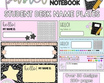 Puede incluir: Una colección de placas de identificación de escritorio para estudiantes en colores pastel con varios diseños. Las placas de identificación presentan el texto "hello! MY NAME IS:" e incluyen gráficos de estrellas y cuadernos. La imagen también incluye el texto "Over 30 designs 200+ pages."