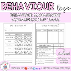 Könnte beinhalten: Rosa und weiße, druckbare Verhaltensprotokolle mit dem Text "BEHAVIOUR logs". Das Bild zeigt tägliche und wöchentliche Tracking-Blätter mit Bereichen für Schüler- und Lehrerreflexionen. Der Text "BEHAVIOUR MANAGEMENT COMMUNICATION TOOLS" ist ebenfalls sichtbar.