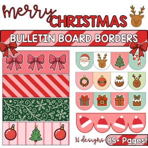 May include: A collection of Christmas-themed bulletin board borders. Designs include bows, stripes, snowflakes, ornaments, Santa, reindeer, Christmas trees, gifts, and Santa hats. The text reads "Merry Christmas" and "Bulletin Board Borders".