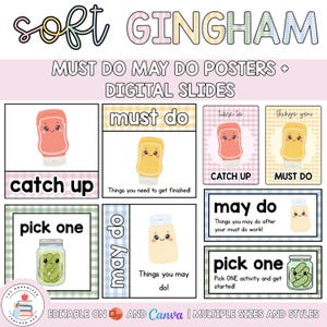 May include: A digital educational resource titled Soft Gingham Must Do May Do Posters and Digital Slides. The layout features pastel-colored gingham backgrounds with cartoon condiment illustrations, including ketchup, mustard, and pickle jars with faces.
