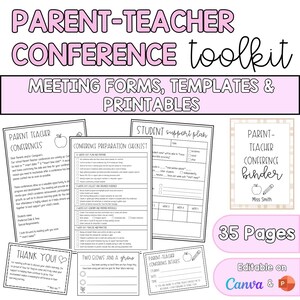 Puede incluir: Un conjunto de imprimibles rosas y blancos para conferencias de padres y maestros. El kit de herramientas incluye formularios de reuniones, plantillas y una carpeta. El texto de la imagen dice "35 páginas" y "Editable en Canva & P".