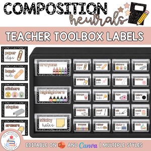 May include: A black plastic teacher toolbox with multiple clear drawers, each featuring a label with a black and white speckled border. The labels include text and illustrations for items like crayons, paper clips, band-aids, and sticky notes.
