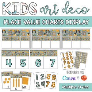 May include: Educational place value charts for children, featuring billions, millions, and thousands. The display includes number cards and base ten blocks. The design is themed with a 'Kids Art Deco' style.