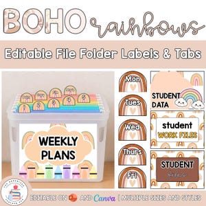 Editable Hanging File Folder Tabs & Labels | Student Data and Planning | Assessment Box Labels | Teacher Organisation | Boho Rainbows