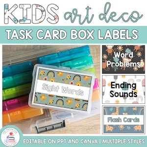 May include: Task card box labels with the words "KIDS art deco" at the top. The labels include "Sight Words", "Word Problems", "Ending Sounds", and "Flash Cards". The labels have a floral and rainbow design. The labels are for educational use.