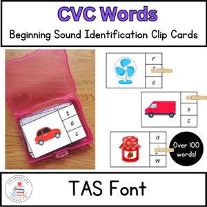 Fuente TAS / Tarjetas con recortes de palabras comunes y CVC / Identificación de sonidos iniciales / Reconocimiento de sonidos de letras / Fonética temprana y conciencia fonémica