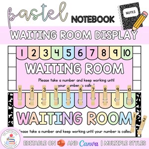 May include: A pastel waiting room display with numbers 1 to 10, and the text "WAITING ROOM." It includes numbered pegs and a notebook graphic. The display is designed for organisation.
