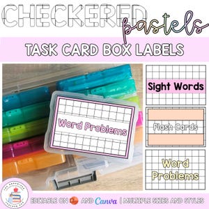 Puede incluir: Etiquetas de cajas de tarjetas de tareas con el texto "CHECKERED pastels" y "TASK CARD BOX LABELS". Las etiquetas incluyen "Sight Words", "Flash Cards" y "Word Problems". Las etiquetas tienen un patrón de cuadrícula con un borde rosa.