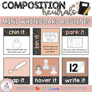May include: A set of educational posters titled Composition Neutrals Mini Whiteboard Routines. The posters feature black and white speckled borders and beige backgrounds, illustrating six classroom routines: chin it, bin it, park it, cap it, hover it, and write it, with instructional text and line art graphics.