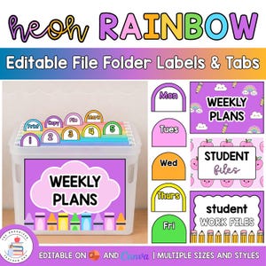 Editable Hanging File Folder Tabs & Labels | Student Data and Planning | Assessment Box Labels | Teacher Organisation | Neon Rainbows