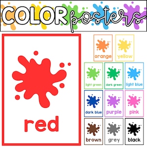 May include: Color posters featuring a red splash with the word "red" below. Additional color cards display orange, yellow, light green, dark green, light blue, dark blue, purple, pink, brown, grey, and black.