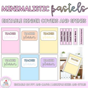 Könnte beinhalten: Pastellfarbene Ordnerdeckel und -rücken mit dem Text "TEACHER planner". Das Bild enthält rosa, pfirsichfarbene, gelbe, grüne, blaue und violette Deckel. Der Text "MINIMALISTIC pastels" und "EDITABLE BINDER COVERS AND SPINES" ist ebenfalls sichtbar.