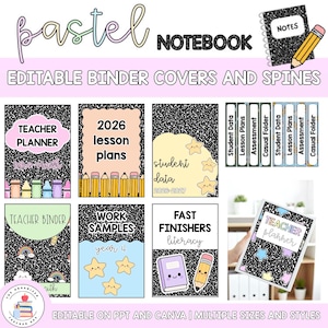 May include: A collection of editable binder covers and spines featuring a black and white speckled pattern. The designs include pastel-colored accents, star illustrations, and text labels such as Teacher Planner, Lesson Plans, and Student Data.