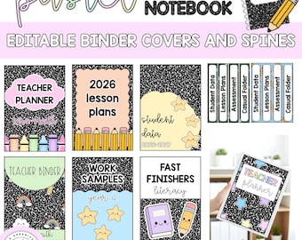 May include: A collection of editable binder covers and spines featuring a black and white speckled pattern. The designs include pastel-colored accents, star illustrations, and text labels such as Teacher Planner, Lesson Plans, and Student Data.