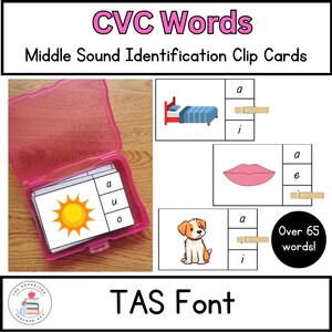Fuente TAS / Tarjetas editables con recortes de palabras CVC / Identificación de sonidos medios / Reconocimiento de sonidos de letras / Fonética temprana y conciencia fonémica