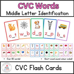 Tarjetas de aprendizaje temprano CVC / Identificación y escritura de sonidos medios / Sonido medio faltante / Tarjetas de fonética para jardín de infantes