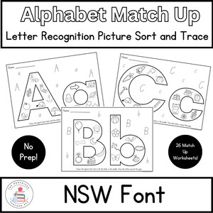 Fuente NSW / Reconocimiento de letras del alfabeto / Sonidos iniciales de letras - Hojas de trabajo para unir imágenes y trazar