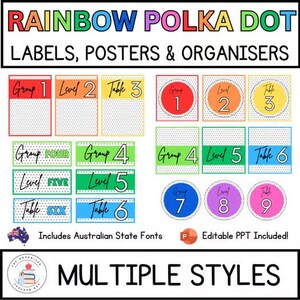 Op de afbeelding: Kleurrijke labels, posters en organizers met een regenboog polka dot design. De afbeelding toont labels voor groepen, niveaus en tafels, met nummers en tekst. Inclusief Australische staatslettertypen en bewerkbare PPT.
