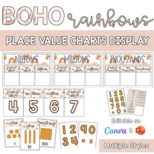 May include: Educational display with a "BOHO rainbows" theme. It features place value charts for billions, millions, and thousands, plus number cards and base ten blocks. Numbers 4, 5, 6, and 7 are shown. The text "Editable on Canva &" is also visible.
