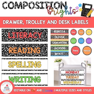 May include: A set of classroom labels featuring a black and white composition notebook pattern. Includes rectangular labels with text like LITERACY, READING, SPELLING, WRITING, and MONDAY, TUESDAY, WEDNESDAY, plus circular labels for supplies and name tags.