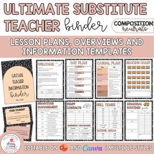 May include: A digital teacher binder template set featuring neutral beige and black speckled borders. Includes pages for lesson plans, seating charts, behavior management, staff contacts, bell times, and dismissal routines with editable text fields.
