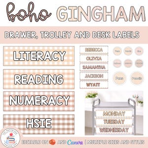 May include: A set of printable labels featuring a light peach gingham pattern. The collection includes rectangular labels labelled Literacy, Reading, Numeracy, HSIE, and names like Rebecca and Olivia, plus circular labels for supplies and a trolley display.