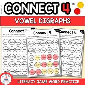 Peut inclure: Jeu éducatif Connect 4 sur les digrammes de voyelles. Le jeu comprend trois plateaux avec des listes de mots et des instructions. Les plateaux comportent des cercles avec des mots comme "cake", "tube" et "jaw". Comprend des pions rouges et jaunes.