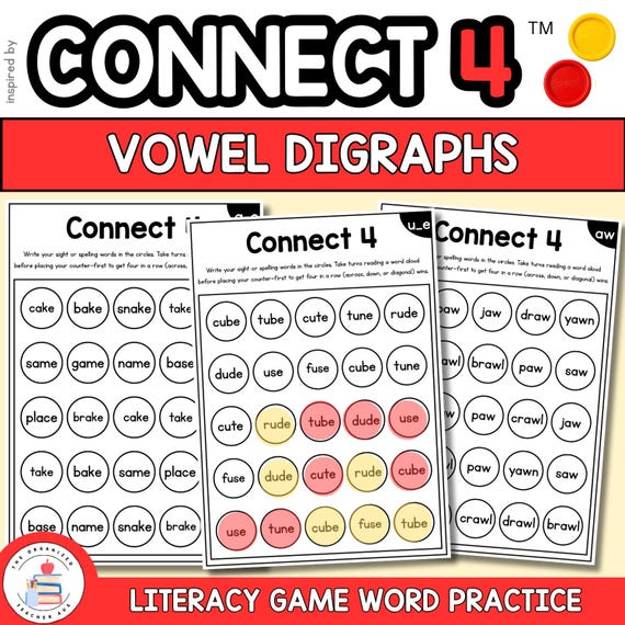 Vowel Digraphs Phonics Game | 4 in a Row Literacy Centres | Long Vowel Sounds Activity | Printable Connect 4 Reading Game
