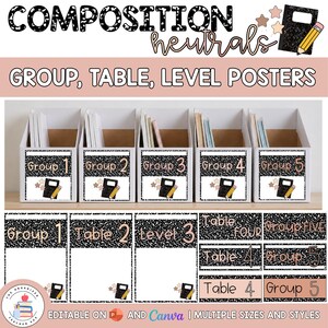 May include: Five white magazine file holders labelled Group 1 through Group 5 with black and white speckled patterns, star icons, and pencil graphics. Below are additional rectangular labels featuring the text Group and Table with numbers.