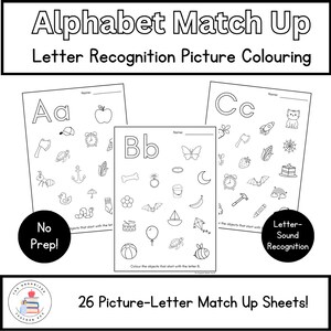 Reconocimiento de letras del alfabeto / Identificación de letras iniciales / Imagen - Emparejamiento de letras para colorear / Jardín de infantes y aprendizaje temprano